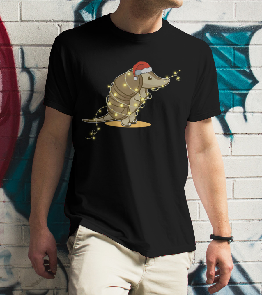 Santa Hat Armadillo Wrapped In Holiday String Lights T-Shirt