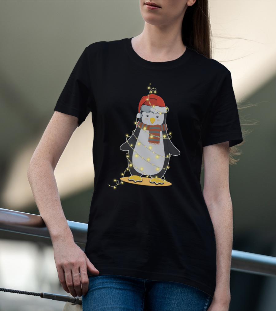 Penguin Wrapped In Christmas Lights With Santa Hat And Scarf T-Shirt