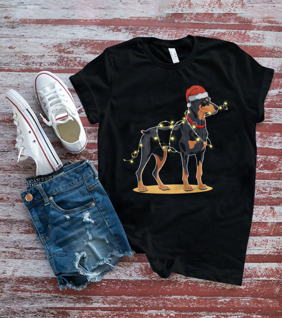 Doberman Wearing Santa Hat With Christmas Lights T-Shirt