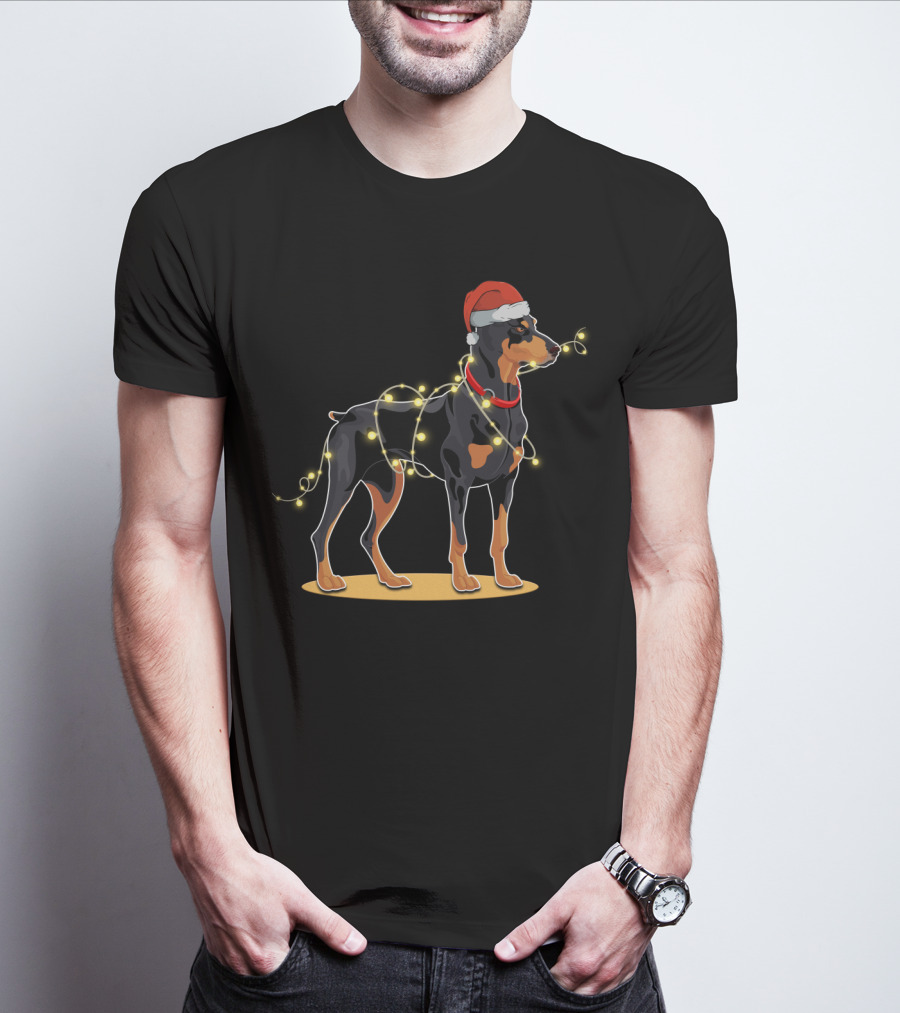 Doberman Wearing Santa Hat With Christmas Lights T-Shirt