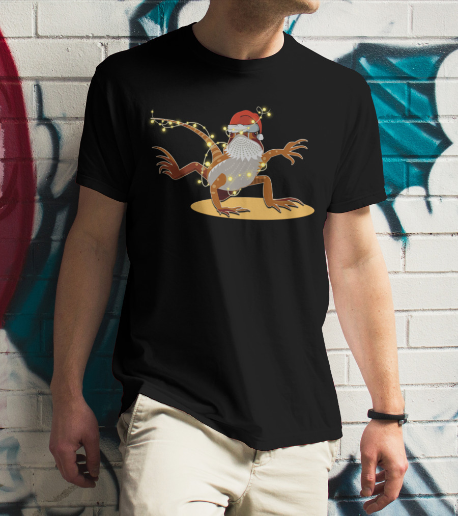 Santa Hat Bearded Dragon Wrapped In Christmas Lights T-Shirt