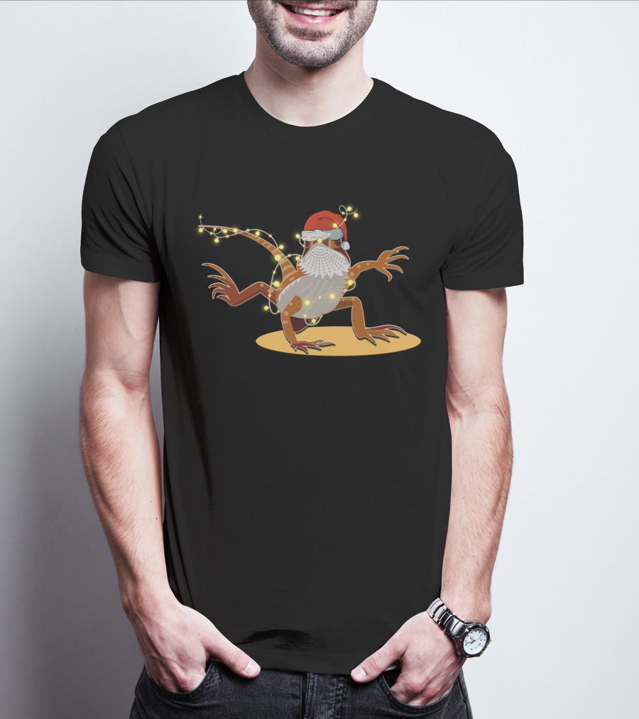 Santa Hat Bearded Dragon Wrapped In Christmas Lights T-Shirt