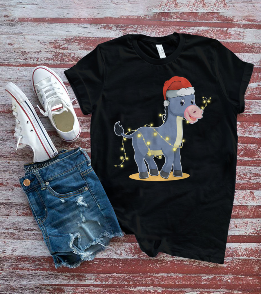 Christmas Lights Donkey With Santa Hat Holiday T-Shirt