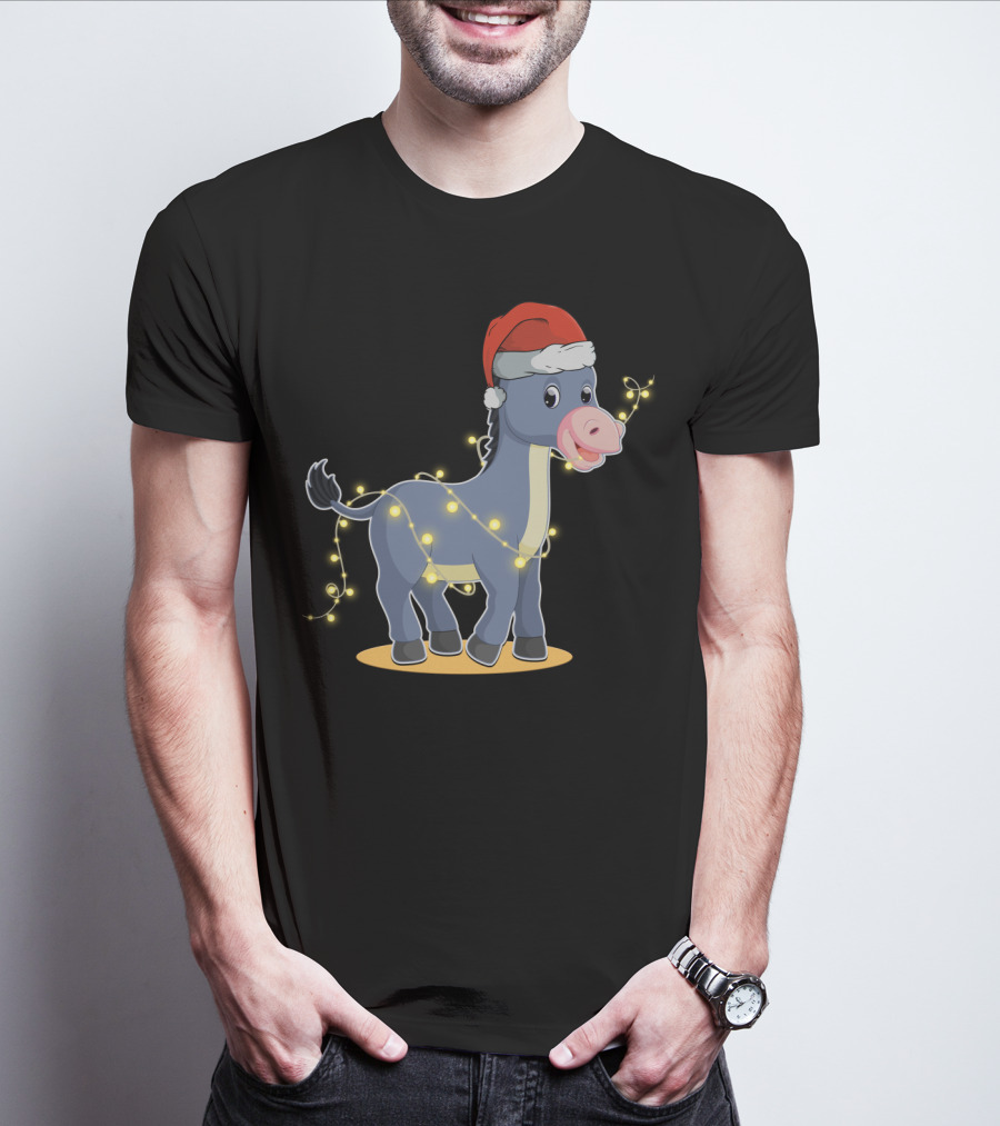 Christmas Lights Donkey With Santa Hat Holiday T-Shirt