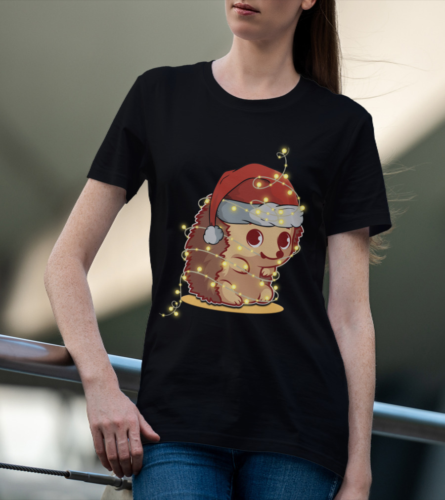 Santa Hat Festive Christmas Lights Hedgehog T-Shirt