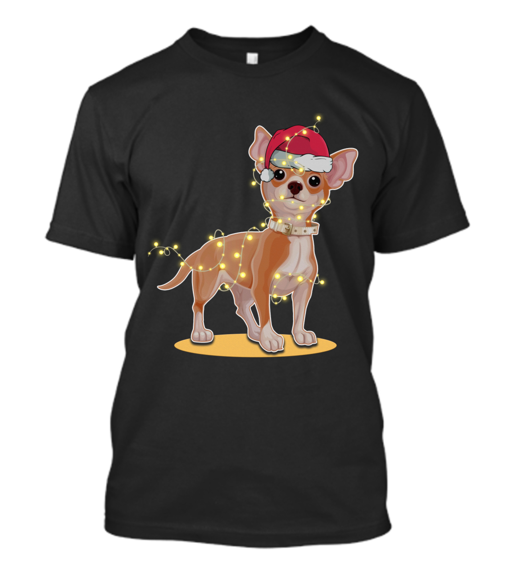 Chihuahua Wrapped In Festive Christmas Lights Wearing Santa Hat T-Shirt