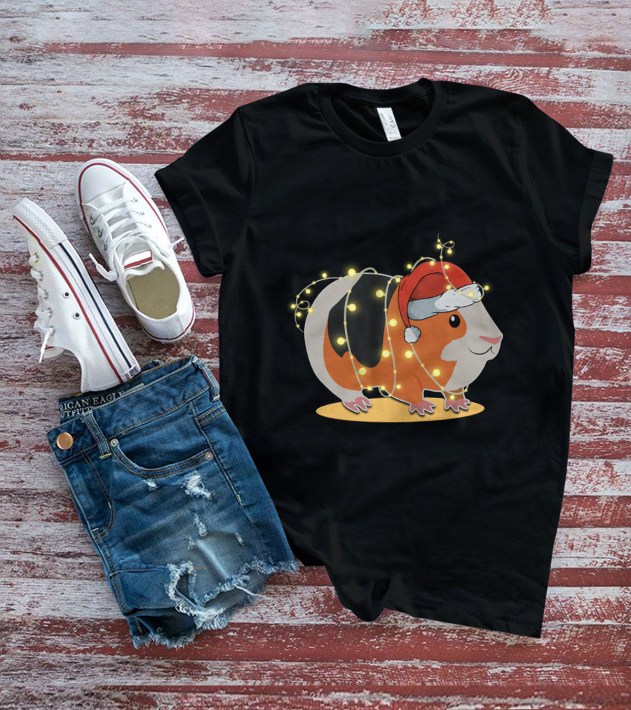 Guinea Pig Wrapped In Festive Christmas Lights And Santa Hat T-Shirt