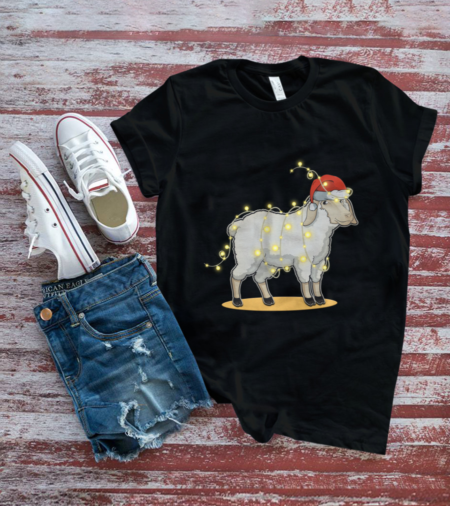 Sheep Wrapped In Christmas Lights With Santa Hat Holiday Decor T-Shirt