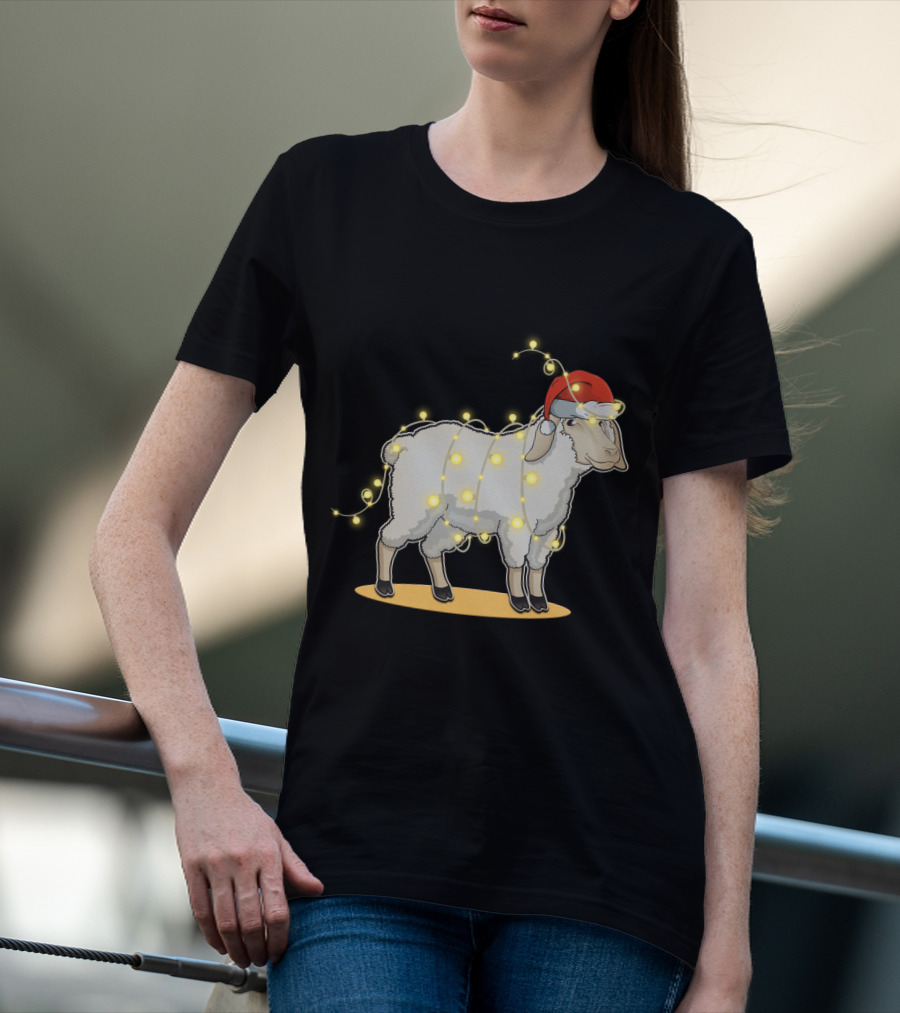Sheep Wrapped In Christmas Lights With Santa Hat Holiday Decor T-Shirt
