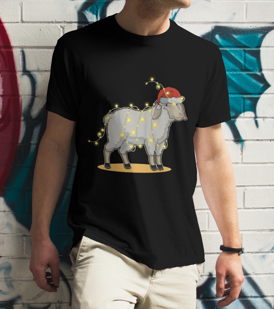 Sheep Wrapped In Christmas Lights With Santa Hat Holiday Decor T-Shirt