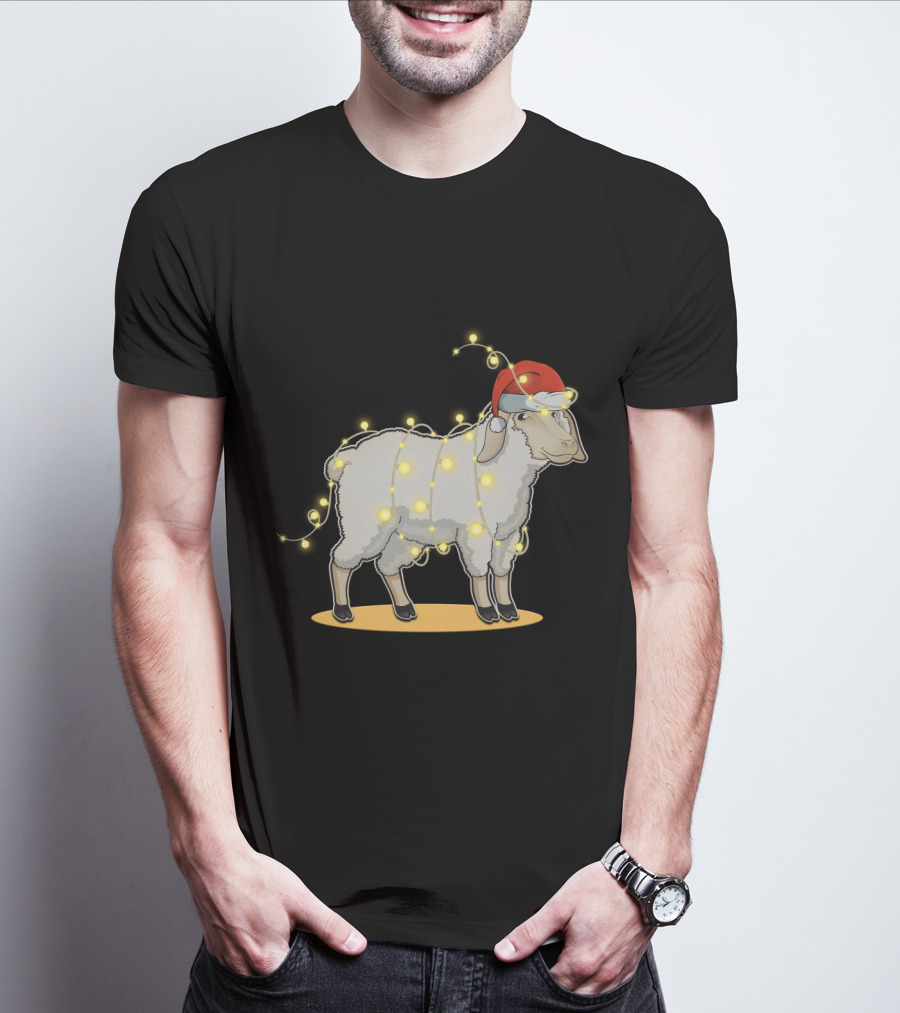 Sheep Wrapped In Christmas Lights With Santa Hat Holiday Decor T-Shirt