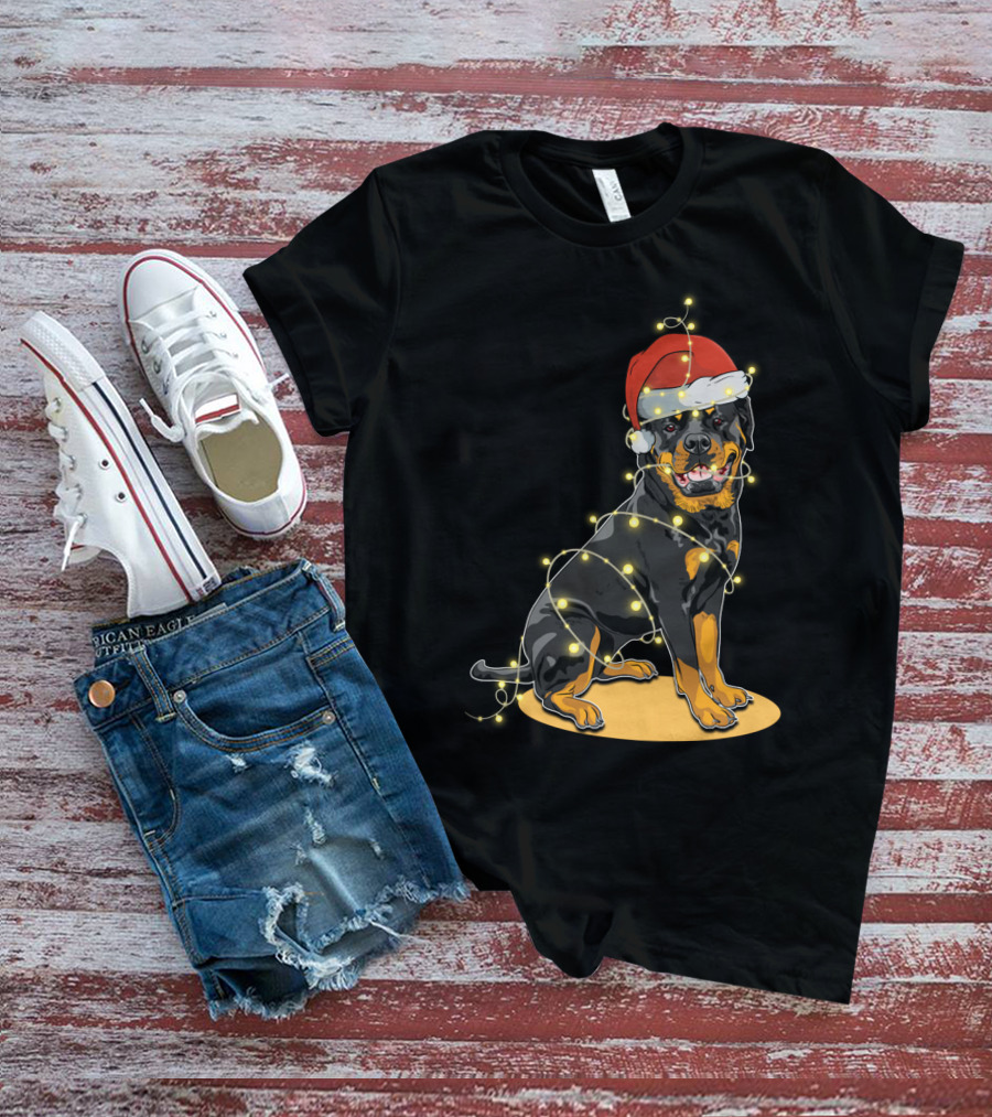 Rottweiler Wrapped In Christmas Lights With Santa Hat T-Shirt