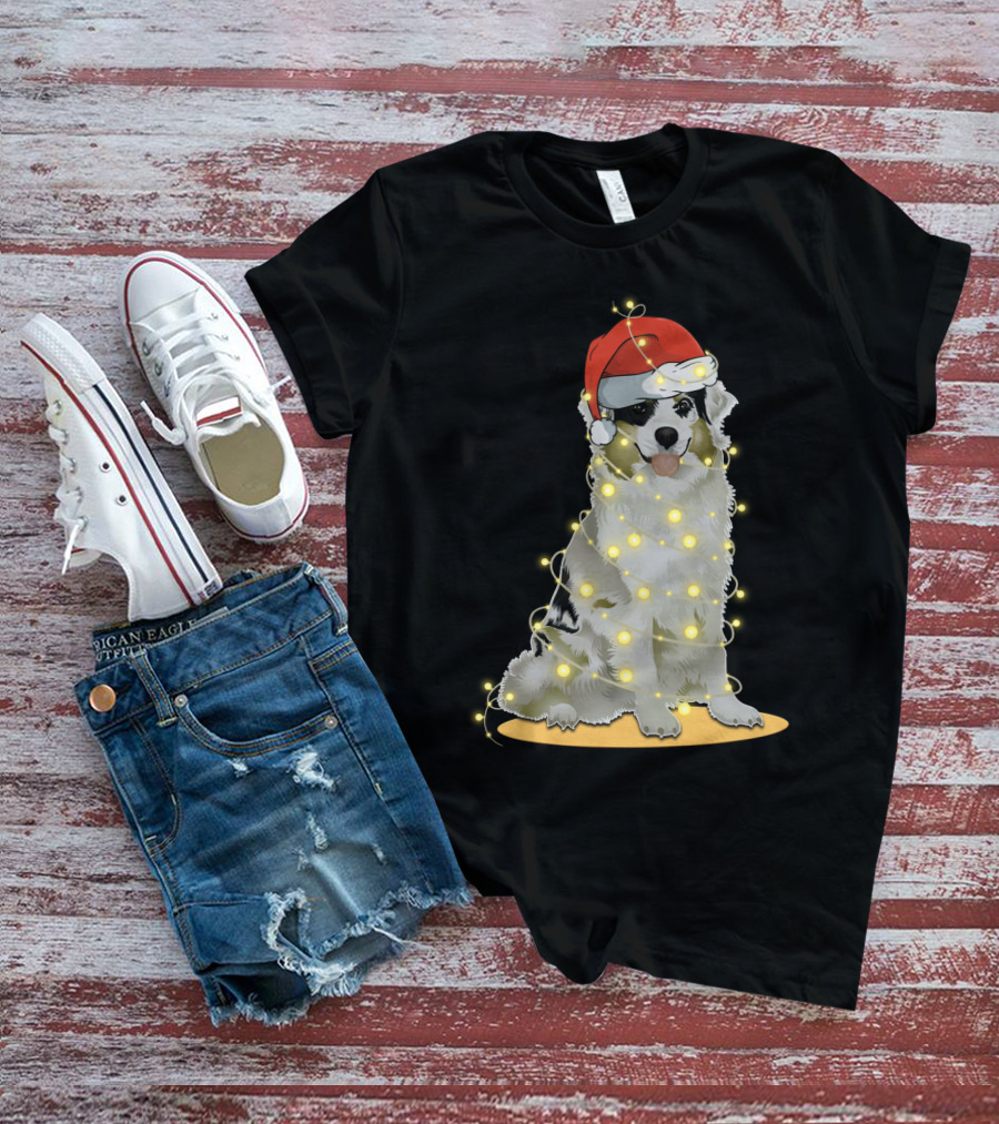 Santa Hat Australian Shepherd Wrapped In Christmas Lights T-Shirt