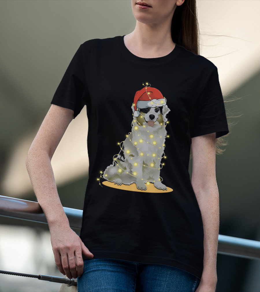 Santa Hat Australian Shepherd Wrapped In Christmas Lights T-Shirt