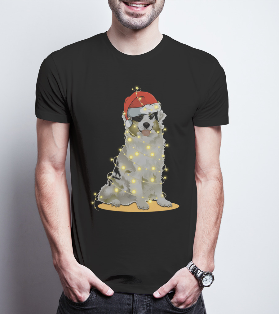 Santa Hat Australian Shepherd Wrapped In Christmas Lights T-Shirt