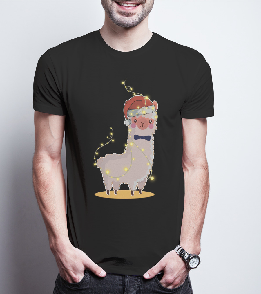 Alpaca Wrapped In Christmas Lights Wearing Santa Hat And Bow Tie T-Shirt