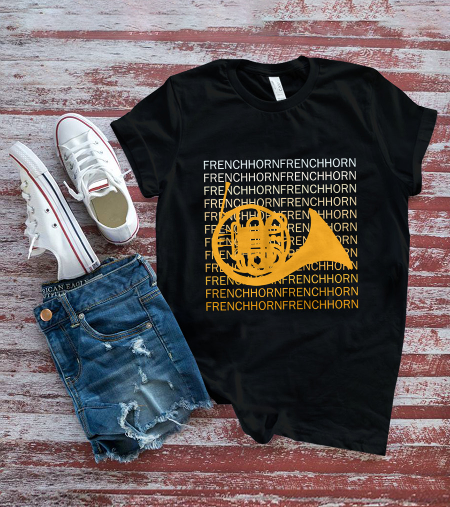 Repeating French Horn Text With Yellow Instrument T-Shirt