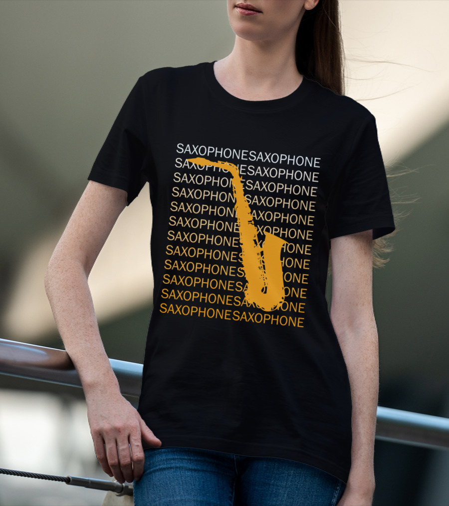 Saxophone Repeated Pattern With Bold Orange Saxophone Highlight T-Shirt