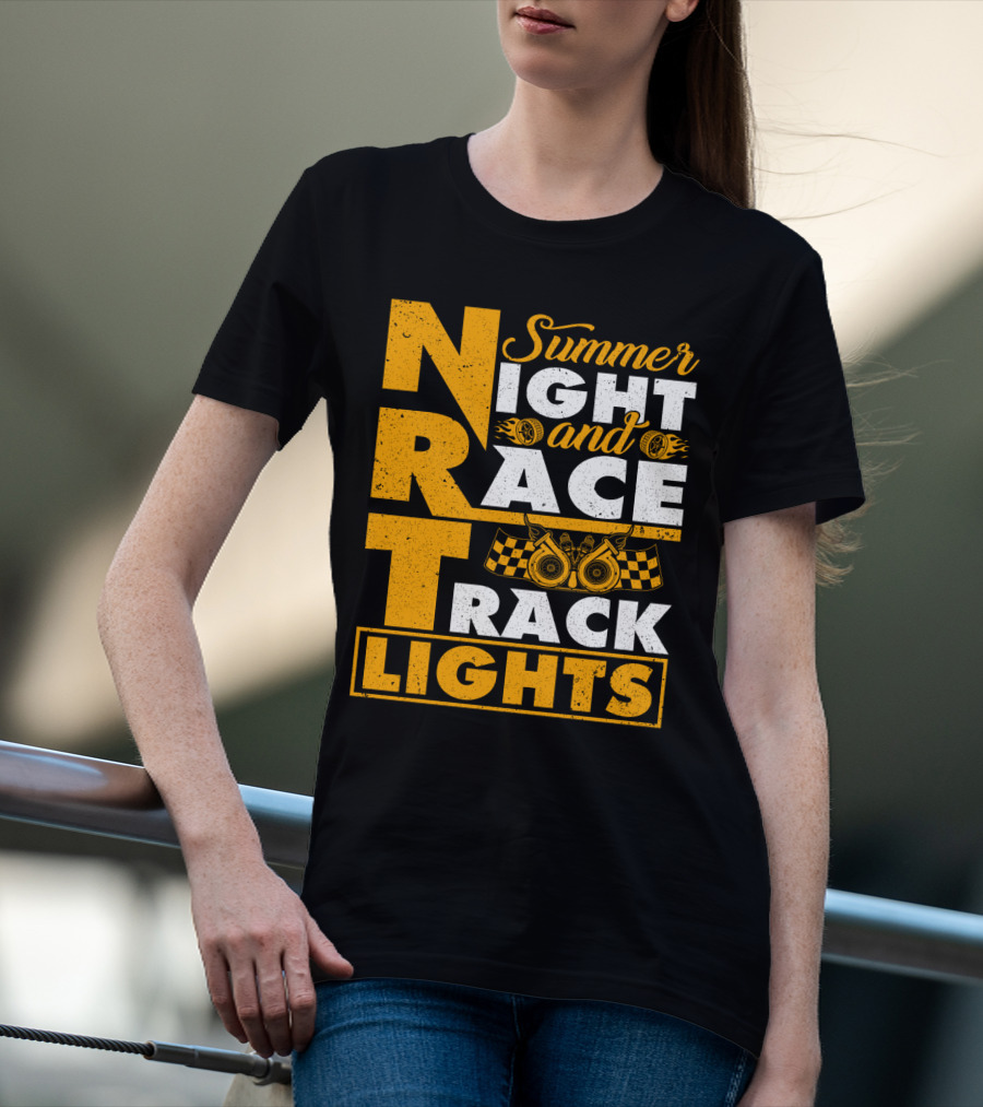 Summer Night And Race Track Lights With Engine And Checkered Flags T-Shirt