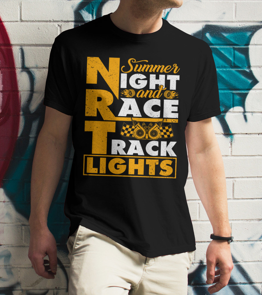 Summer Night And Race Track Lights With Engine And Checkered Flags T-Shirt