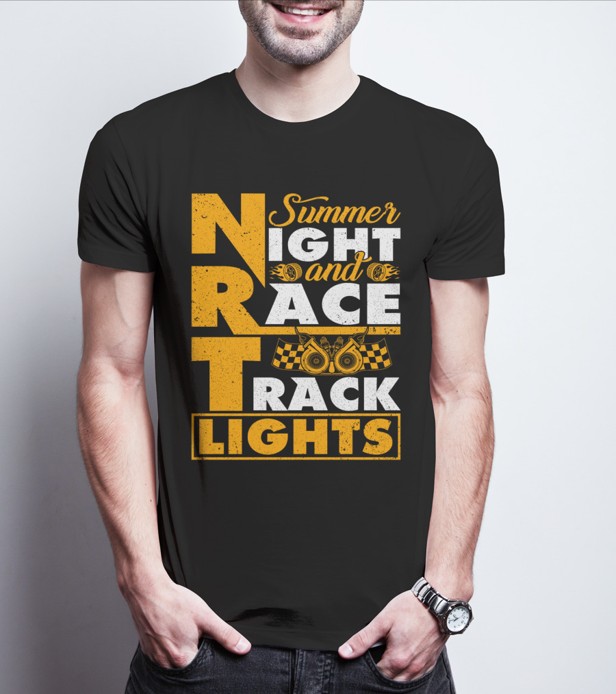 Summer Night And Race Track Lights With Engine And Checkered Flags T-Shirt