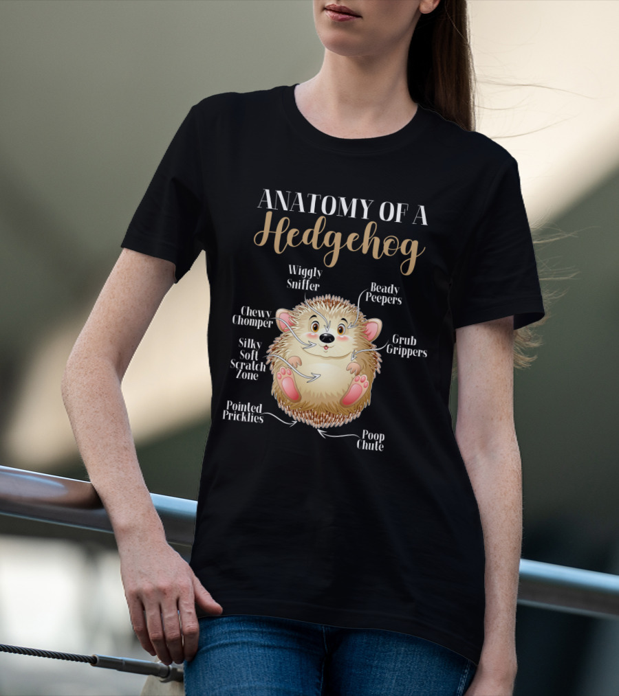 ANATOMY OF A HEDGEHOG Wiggly Sniffer Beady Peepers Grub Grippers Chewy Chomper Silky Soft Scratch Zone Pointed Pricklies Poop Chute T-Shirt