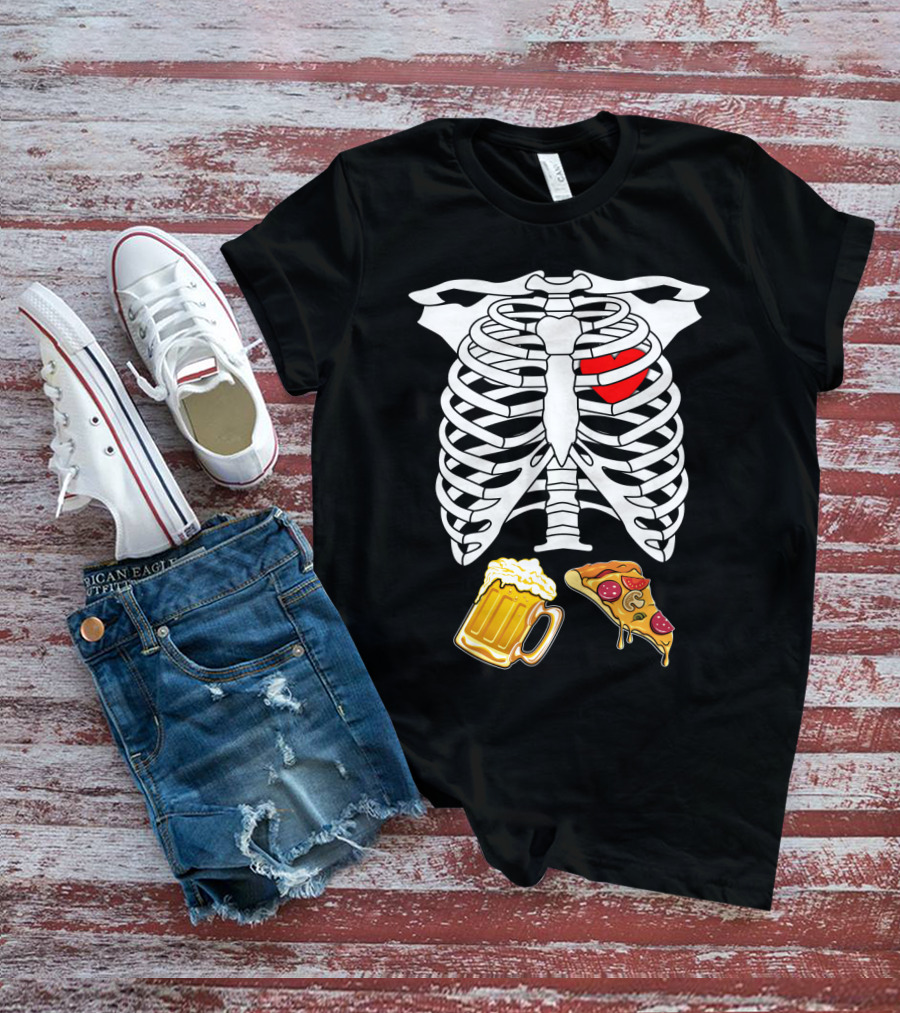 Maternity Beer And Pizza Skeleton Ribcage Heart T-Shirt
