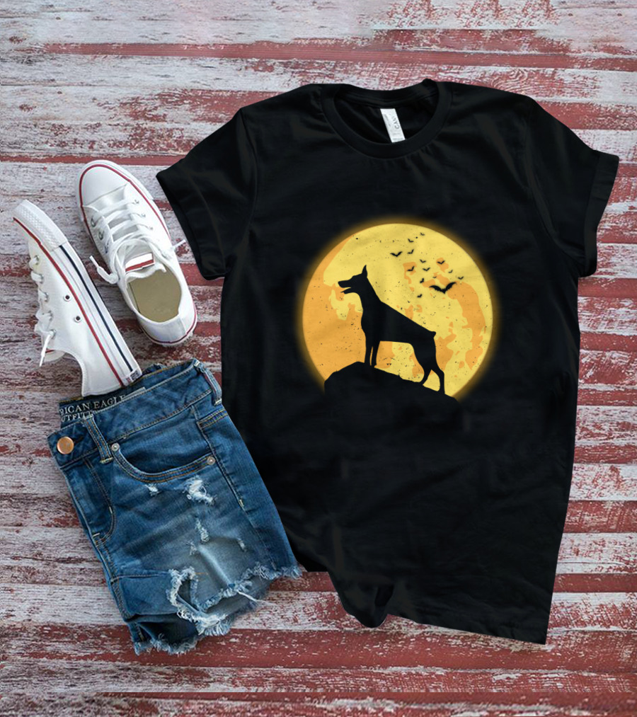 DOBERMAN Dog Silhouette Against Orange Moon Night Scene T-Shirt