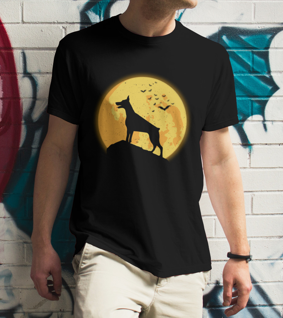 DOBERMAN Dog Silhouette Against Orange Moon Night Scene T-Shirt