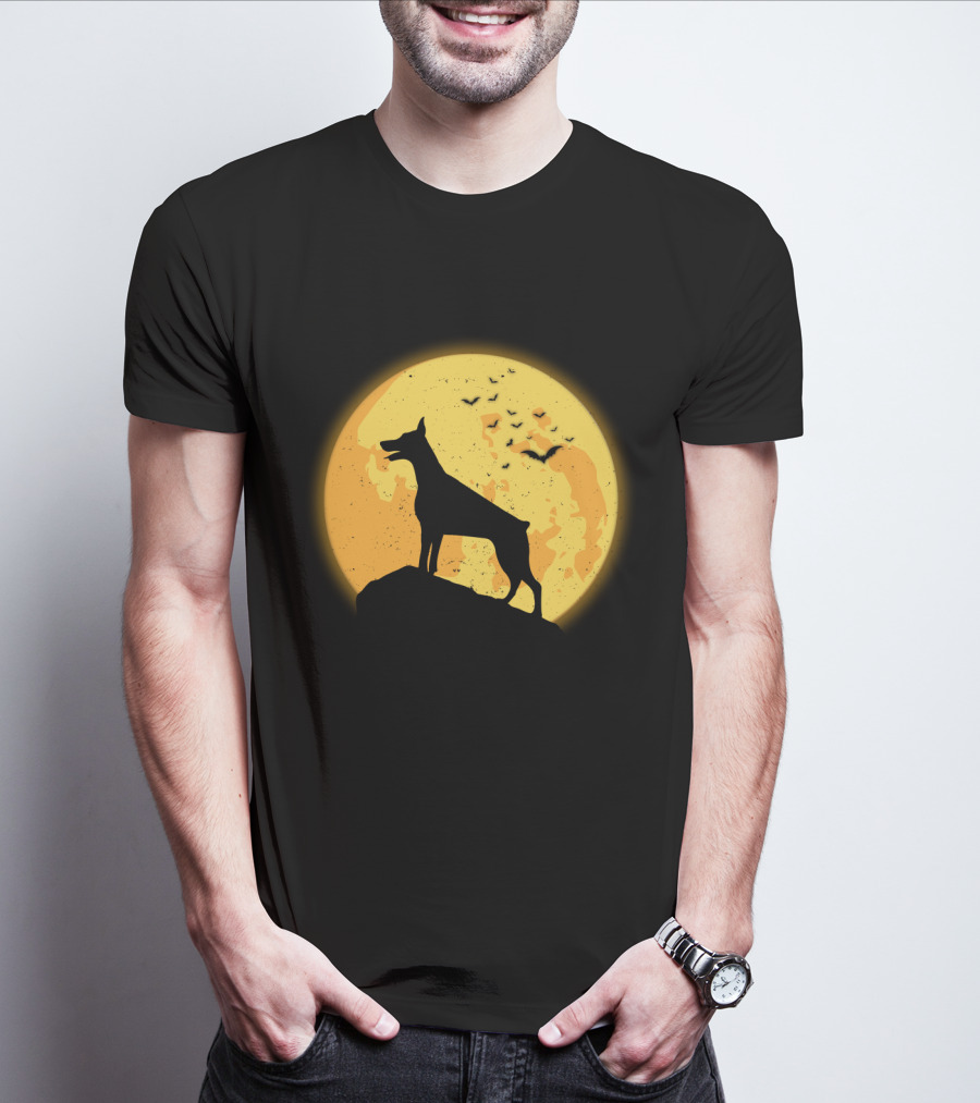 DOBERMAN Dog Silhouette Against Orange Moon Night Scene T-Shirt