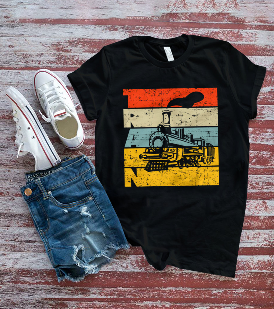 Vintage Train Retro Steam Locomotive Stripes T-Shirt