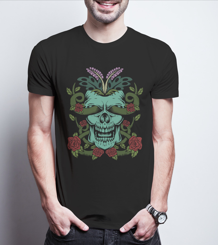 Skull Rose Floral Motif With Decorative Elements T-Shirt