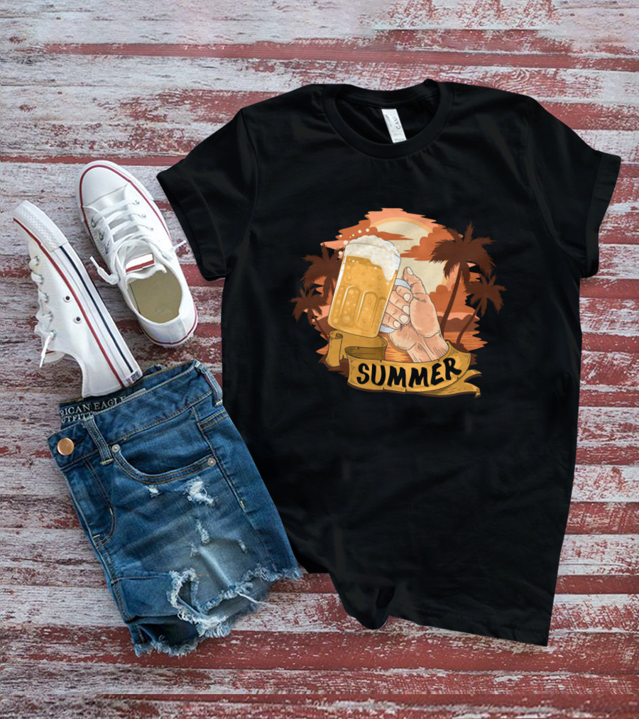 Summer Beach Beer Cheers At Sunset Palm Landscape T-Shirt