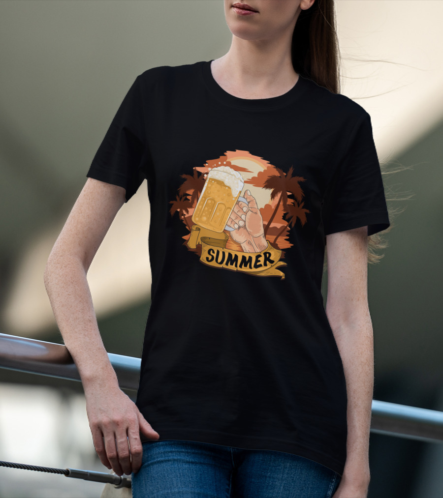 Summer Beach Beer Cheers At Sunset Palm Landscape T-Shirt