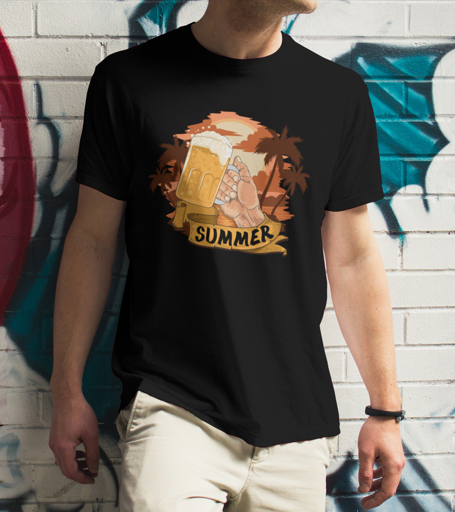 Summer Beach Beer Cheers At Sunset Palm Landscape T-Shirt