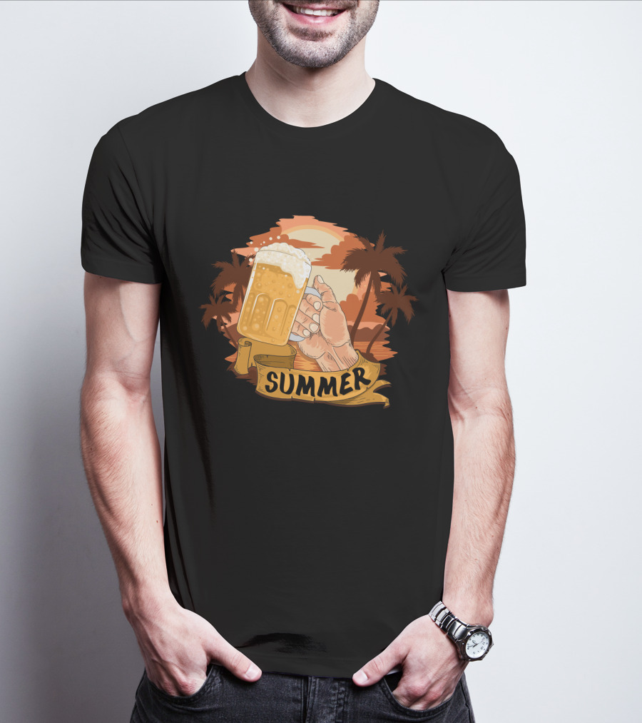 Summer Beach Beer Cheers At Sunset Palm Landscape T-Shirt