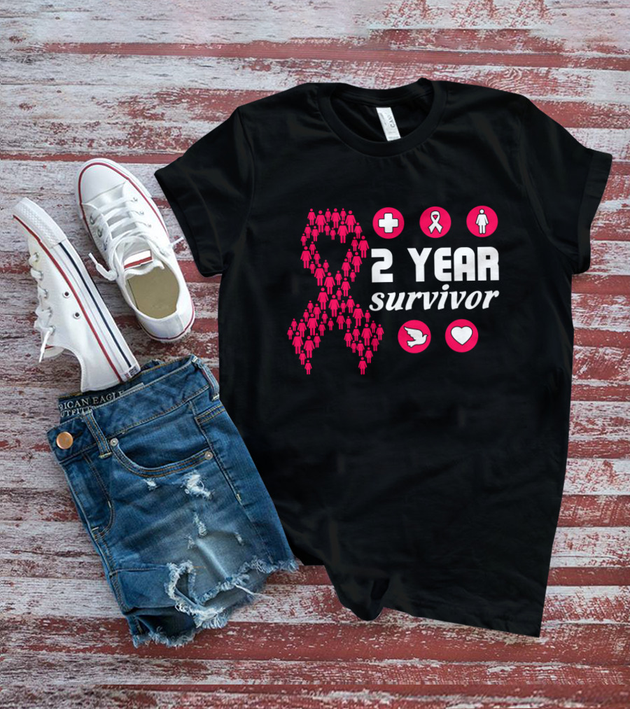 2 Year Survivor Pink Ribbon Breast Cancer Awareness Icons T-Shirt