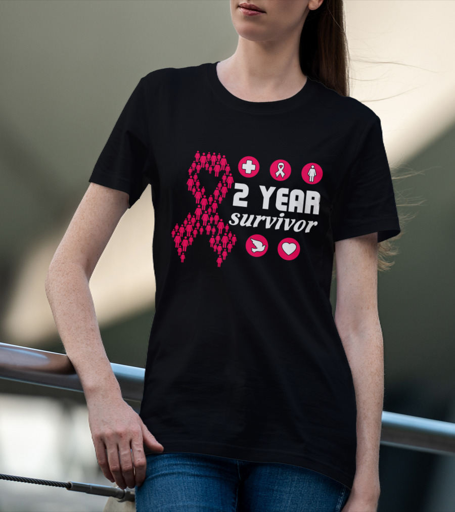 2 Year Survivor Pink Ribbon Breast Cancer Awareness Icons T-Shirt