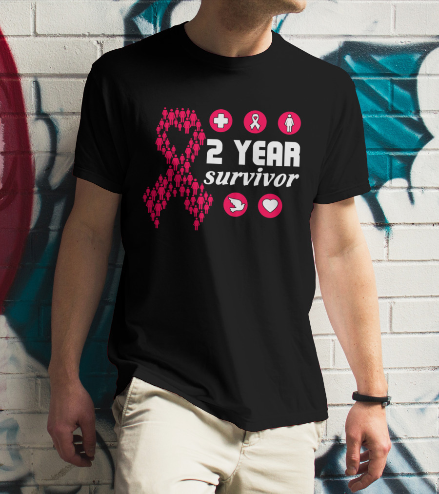 2 Year Survivor Pink Ribbon Breast Cancer Awareness Icons T-Shirt