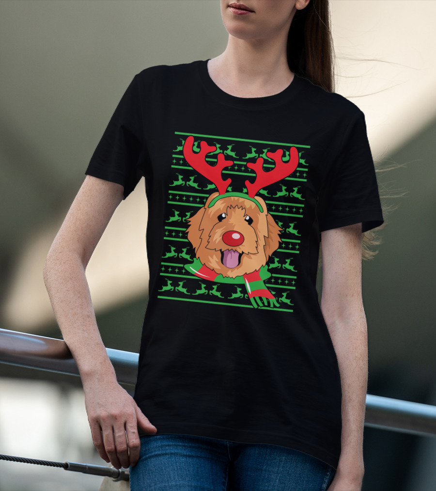 Golden Doodle Reindeer Christmas Scarf And Antlers T-Shirt