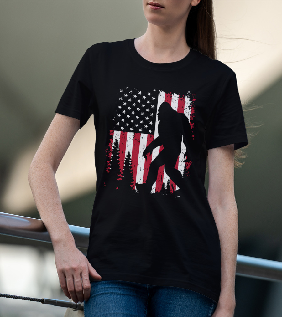 Bigfoot Walking Across American Flag With Forest T-Shirt