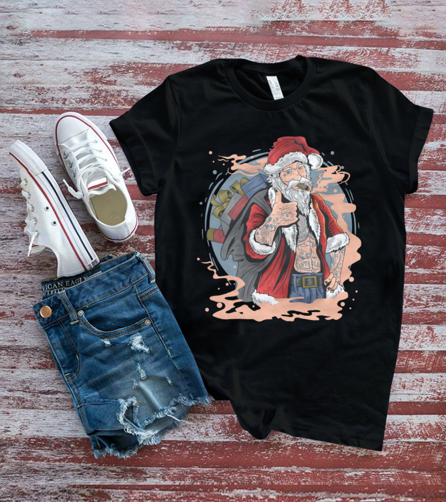 Christmas Santa Claus Smoking Tattooed Holiday Thumbs Up T-Shirt