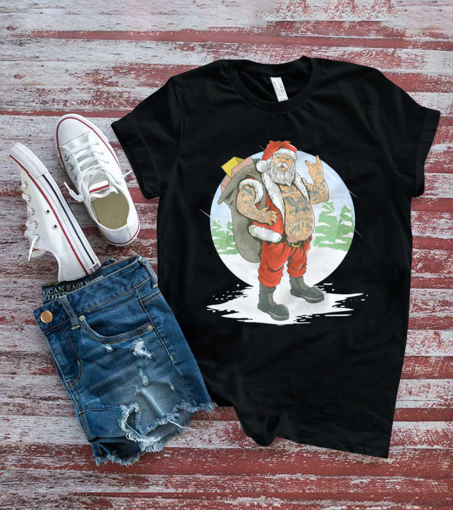 Christmas Santa Claus With Full Body Tattoo And Rock Hand Gesture T-Shirt