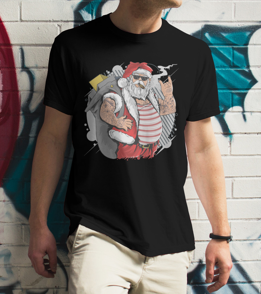 Santa Claus Merry Christmas Tattoo Rock Hand Illustrated T-Shirt