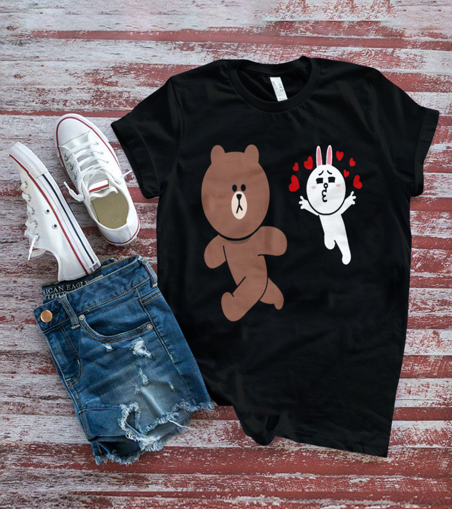 Cute Brown Bear Cony Bunny Rabbit Love Hearts Chase Valentine's Day Run T-Shirt