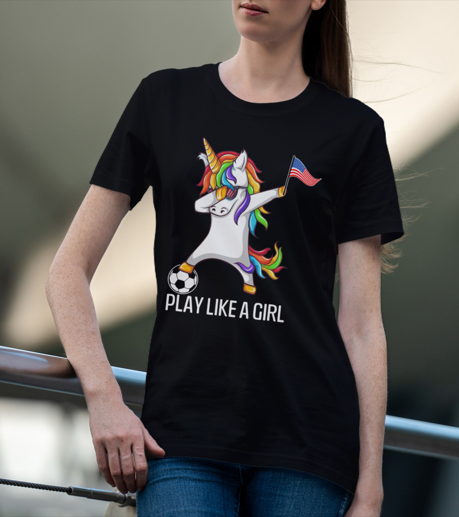 Dabbing Unicorn Play Like A Girl USA Soccer T-Shirt