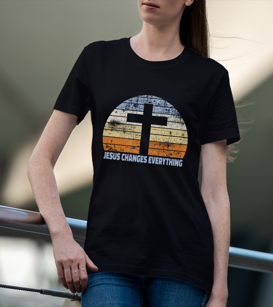 Faith Cross Jesus Changes Everything Vintage Christian Retro Sunset T-Shirt