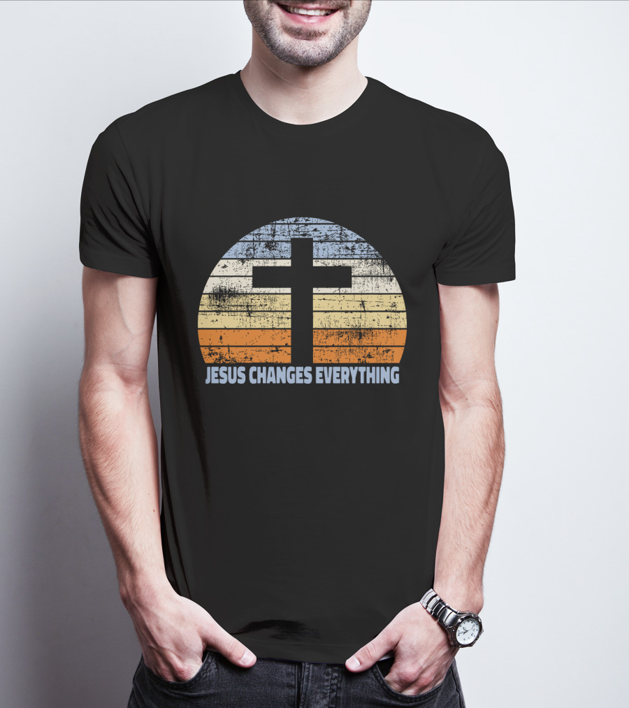Faith Cross Jesus Changes Everything Vintage Christian Retro Sunset T-Shirt