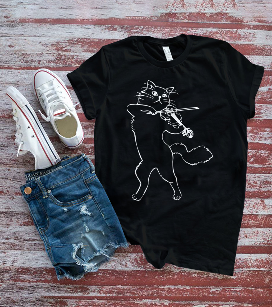 Fiddle Violin Cat Playing Musician Instrument Band Strings T-Shirt