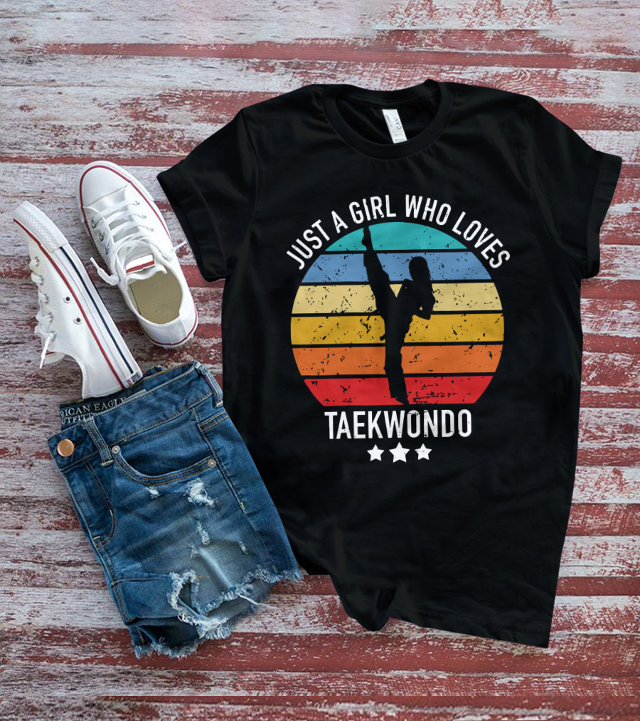 Just A Girl Who Loves Taekwondo Vintage Silhouette Rainbow Stripes T-Shirt